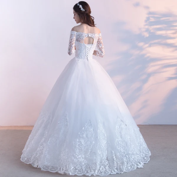 Affordable Modest / Simple Outdoor / Garden Wedding Dresses 2017 Lace Appliques Backless 3/4 Sleeve Off-The-Shoulder Floor-Length / Long White Ball Gown