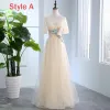 Amazing / Unique Champagne See-through Bridesmaid Dresses 2018 A-Line / Princess Scoop Neck Short Sleeve Appliques Lace Ruffle Backless Wedding Party Dresses