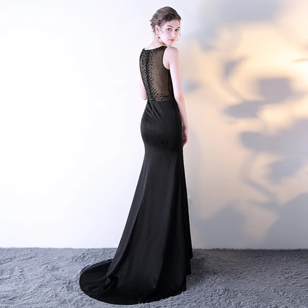 Sexy Noire Transparentes Robe De Soirée 2018 Trompette / Sirène V-Cou Sans Manches Perlage Faux Diamant Train De Balayage Fendue devant Robe De Ceremonie
