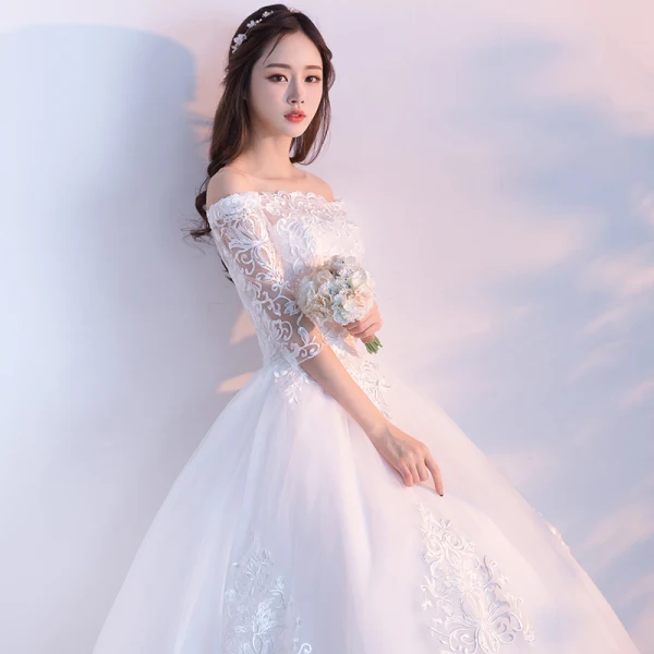 Affordable Modest / Simple Outdoor / Garden Wedding Dresses 2017 Lace Appliques Backless 3/4 Sleeve Off-The-Shoulder Floor-Length / Long White Ball Gown