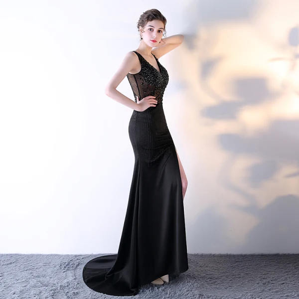 Sexy Noire Transparentes Robe De Soirée 2018 Trompette / Sirène V-Cou Sans Manches Perlage Faux Diamant Train De Balayage Fendue devant Robe De Ceremonie