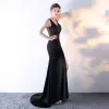 Sexy Schwarz Durchsichtige Abendkleider 2018 Mermaid V-Ausschnitt Ärmellos Perlenstickerei Strass Sweep / Pinsel Zug Gespaltete Front Festliche Kleider
