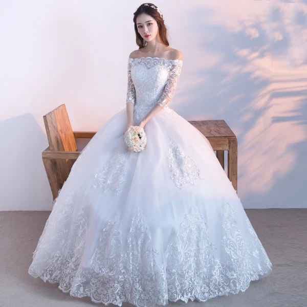Affordable Modest / Simple Outdoor / Garden Wedding Dresses 2017 Lace Appliques Backless 3/4 Sleeve Off-The-Shoulder Floor-Length / Long White Ball Gown