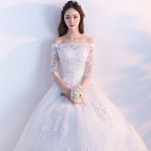 Affordable Modest / Simple Outdoor / Garden Wedding Dresses 2017 Lace Appliques Backless 3/4 Sleeve Off-The-Shoulder Floor-Length / Long White Ball Gown