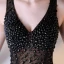 Sexy Noire Transparentes Robe De Soirée 2018 Trompette / Sirène V-Cou Sans Manches Perlage Faux Diamant Train De Balayage Fendue devant Robe De Ceremonie