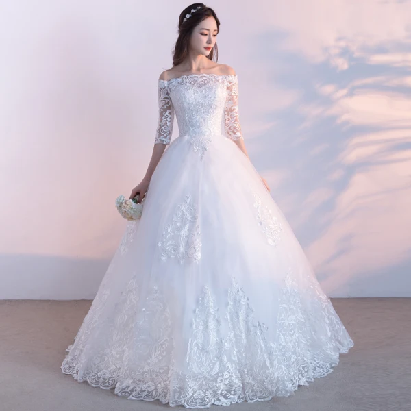 Affordable Modest / Simple Outdoor / Garden Wedding Dresses 2017 Lace Appliques Backless 3/4 Sleeve Off-The-Shoulder Floor-Length / Long White Ball Gown