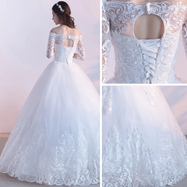 Affordable Modest / Simple Outdoor / Garden Wedding Dresses 2017 Lace Appliques Backless 3/4 Sleeve Off-The-Shoulder Floor-Length / Long White Ball Gown