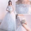 Affordable Modest / Simple Outdoor / Garden Wedding Dresses 2017 Lace Appliques Backless 3/4 Sleeve Off-The-Shoulder Floor-Length / Long White Ball Gown
