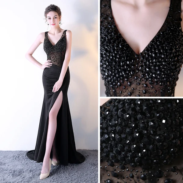 Sexy Noire Transparentes Robe De Soirée 2018 Trompette / Sirène V-Cou Sans Manches Perlage Faux Diamant Train De Balayage Fendue devant Robe De Ceremonie