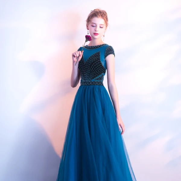 Chic / Beautiful Ocean Blue Prom Dresses 2018 A-Line / Princess Beading Crystal Scoop Neck Short Sleeve Ankle Length Formal Dresses