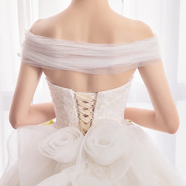 Elegant Champagne Wedding Dresses 2018 Ball Gown Lace Flower Off-The-Shoulder Backless Sleeveless Chapel Train Wedding