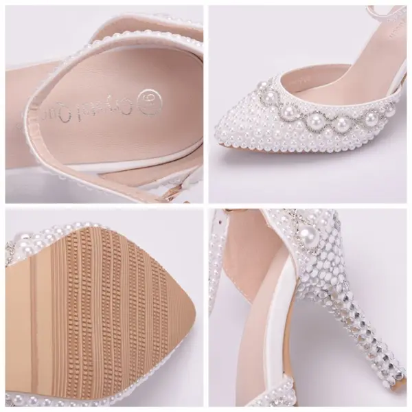 Modern / Fashion White Wedding Shoes 2018 Pearl Rhinestone Ankle Strap 9 cm Stiletto Heels Pointed Toe High Heels Wedding