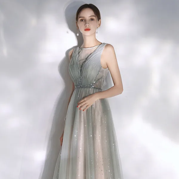 Modern / Fashion Grey Evening Dresses  2020 A-Line / Princess Scoop Neck Star Sequins Backless Crystal Sleeveless Floor-Length / Long Formal Dresses