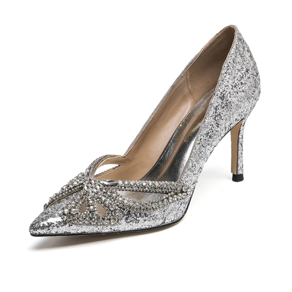 Charmant Argenté Percé Faux Diamant Papillon Chaussure De Mariée 2020 8 cm Talons Aiguilles À Bout Pointu Mariage Escarpins