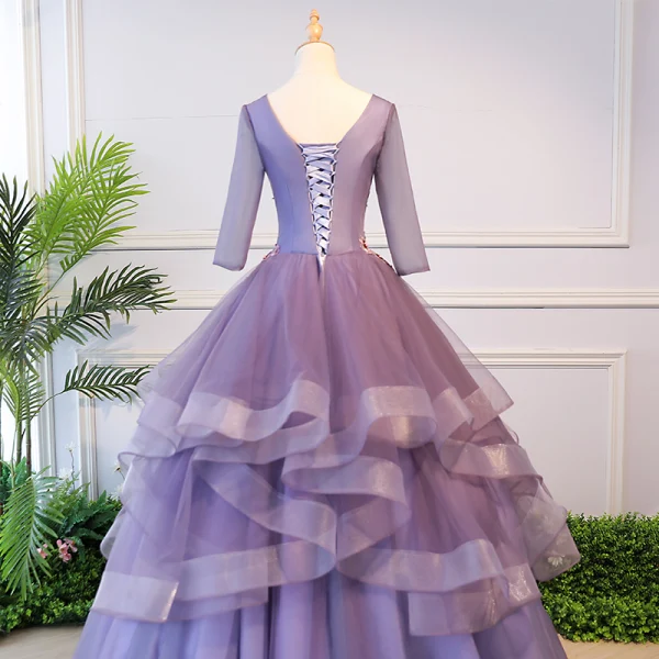 Elegant Lavender Quinceañera Prom Dresses 2018 Ball Gown Appliques Pearl Square Neckline Backless 3/4 Sleeve Cascading Ruffles Floor-Length / Long Formal Dresses