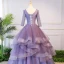 Elegant Lavender Quinceañera Prom Dresses 2018 Ball Gown Appliques Pearl Square Neckline Backless 3/4 Sleeve Cascading Ruffles Floor-Length / Long Formal Dresses
