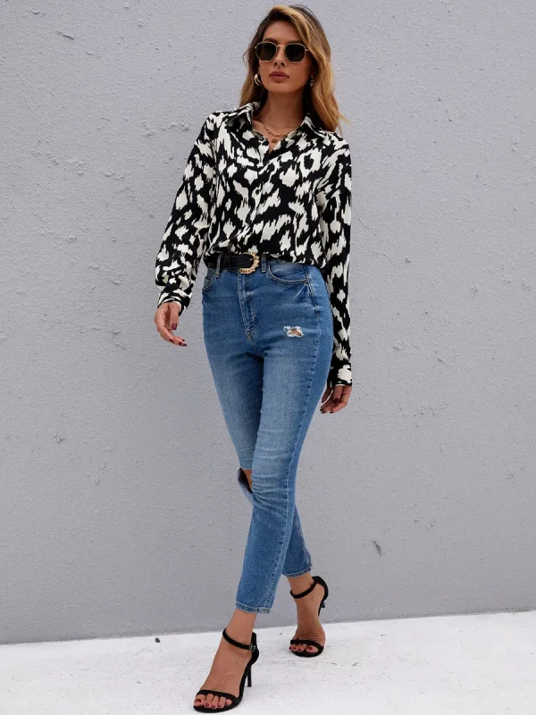 Fashion Summer Black Chiffon Casual Blouses 2021 Lapel Long Sleeve Spotted Loose Women's Tops
