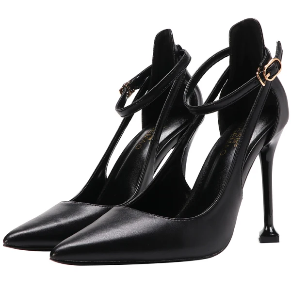 Schlicht Schwarz Cocktail Sandalen Damen 2020 Knöchelriemen 10 cm Stilettos Spitzschuh Sandaletten
