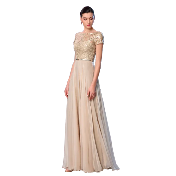 Élégant Champagne Robe De Soirée 2018 Princesse Paillettes Ceinture Encolure Dégagée Manches Courtes Longue Robe De Ceremonie