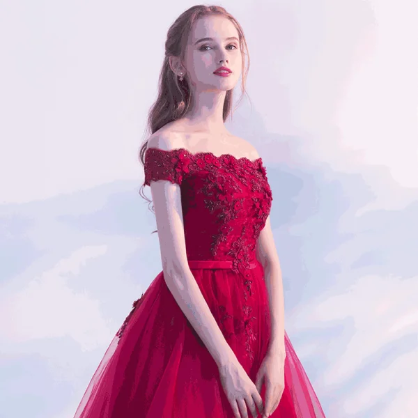 Chic / Belle Bordeaux Robe De Fete 2019 Princesse De l'épaule Perlage En Dentelle Fleur Manches Courtes Dos Nu Ceinture Mi-Longues Robe De Ceremonie