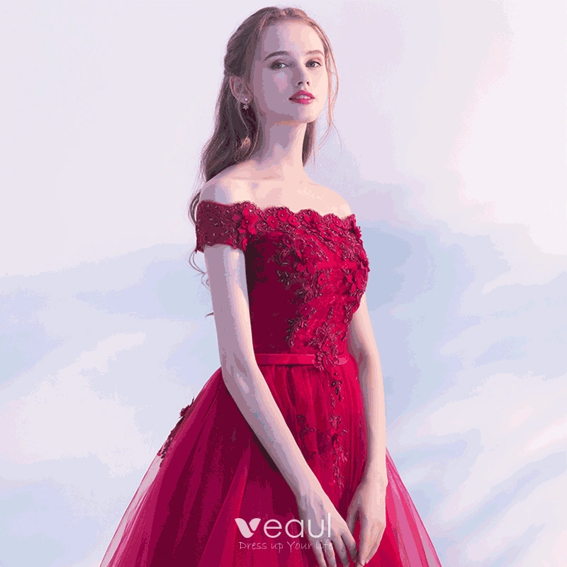 Chic Beautiful Burgundy Party Dresses 2019 A Line Princess Off The Shoulder Beading Lace Flower Short