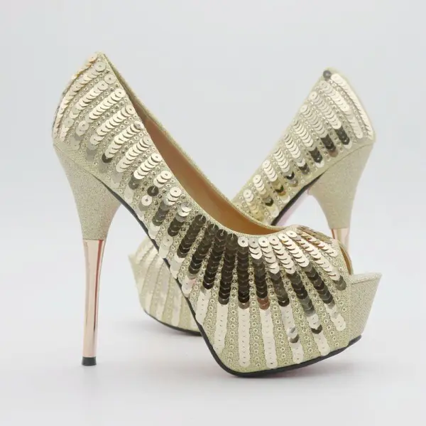 Sparkly Gull Aften Damesko 2018 Paljetter 12 cm Stiletthæler Peep Toe Pumps