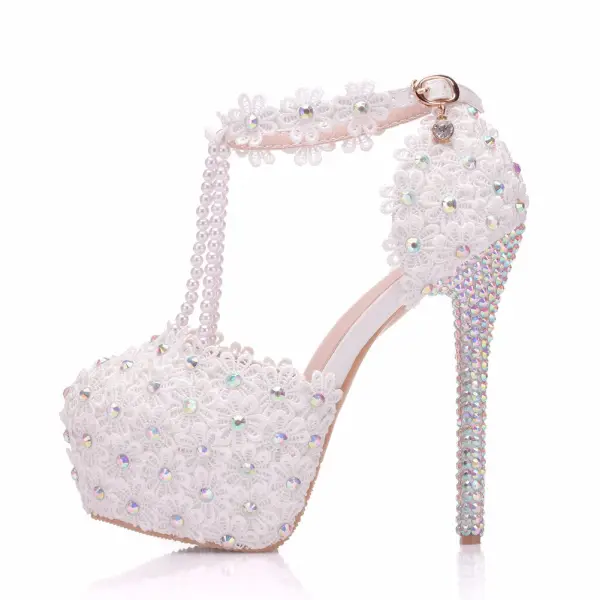 Elegante Weiß Brautschuhe 2018 Spitze Blumen Knöchelriemen Perle Strass 14 cm Stilettos Runde Zeh Hochzeit Hochhackige