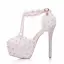 Elegante Weiß Brautschuhe 2018 Spitze Blumen Knöchelriemen Perle Strass 14 cm Stilettos Runde Zeh Hochzeit Hochhackige