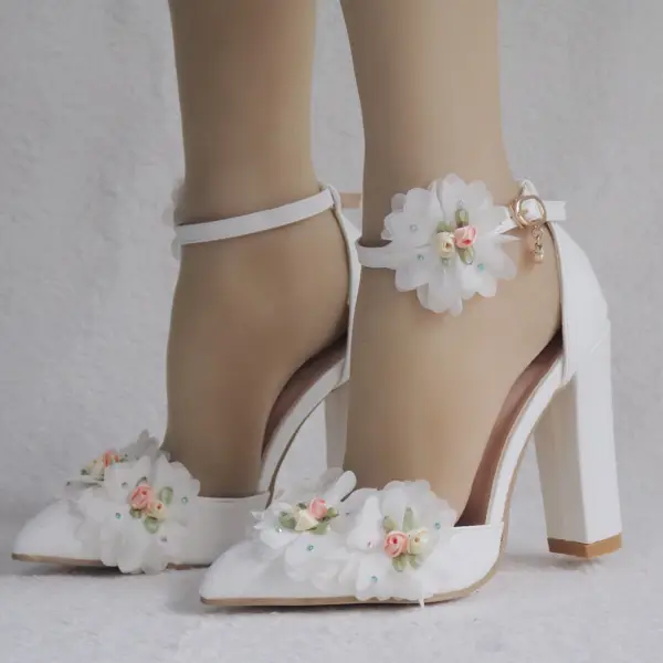 Modern / Fashion White Outdoor / Garden Womens Shoes 2018 Appliques Ankle Strap 10 cm Thick Heels Pointed Toe High Heels