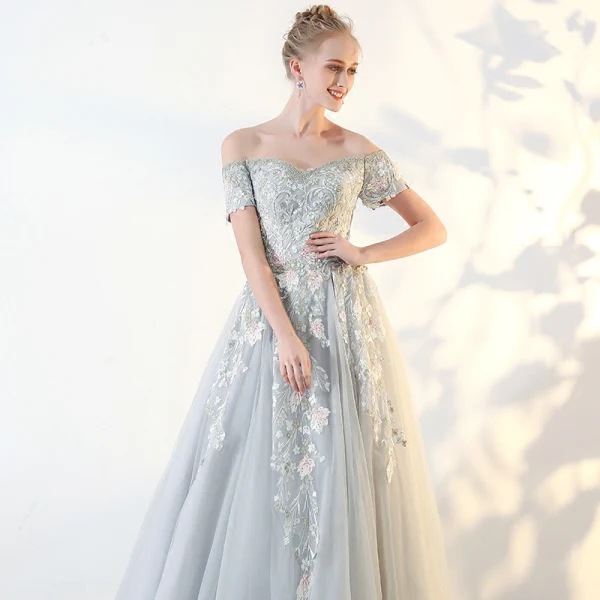 Chic / Beautiful Sage Green Prom Dresses 2018 A-Line / Princess Lace Flower Off-The-Shoulder Backless Short Sleeve Floor-Length / Long Formal Dresses