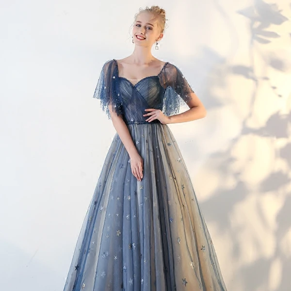 Elegant Prom Dresses 2018 A-Line / Princess Star Backless Square Neckline Short Sleeve Floor-Length / Long Formal Dresses