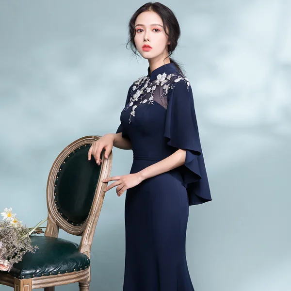 Elegant Navy Blue Evening Dresses 2018 Trumpet / Mermaid Lace Flower Pierced High Neck Short Sleeve Court Train Formal Dresses