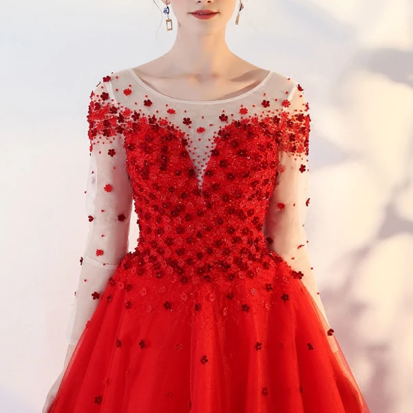 Schöne Rot Ballkleider 2018 Ballkleid Mit Spitze Applikationen Pailletten Rundhalsausschnitt Rückenfreies Lange Ärmel Lange Festliche Kleider
