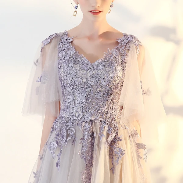 Chic / Beautiful Lavender Prom Dresses 2018 A-Line / Princess Lace Appliques V-Neck 1/2 Sleeves Floor-Length / Long Formal Dresses