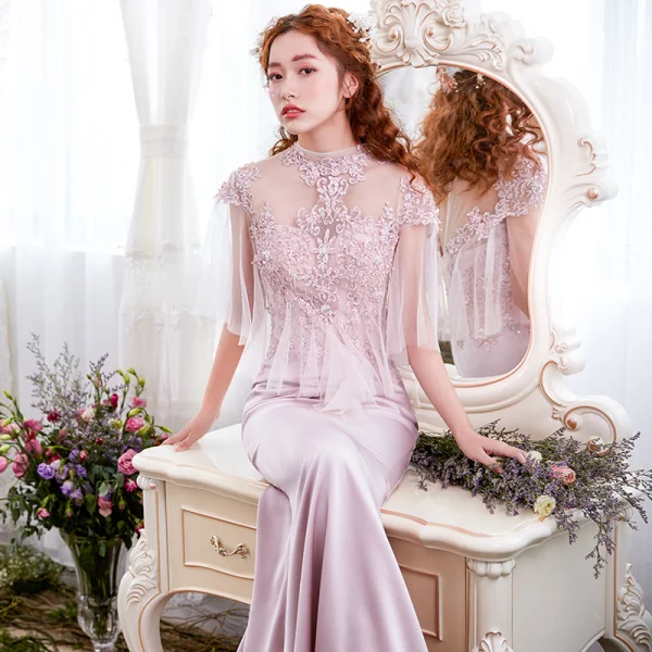 Élégant Rougissant Rose Robe De Soirée 2017 Trompette / Sirène En Dentelle Fleur Paillettes Encolure Dégagée Dos Nu 1/2 Manches Tribunal Train Robe De Ceremonie