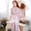 Élégant Rougissant Rose Robe De Soirée 2017 Trompette / Sirène En Dentelle Fleur Paillettes Encolure Dégagée Dos Nu 1/2 Manches Tribunal Train Robe De Ceremonie
