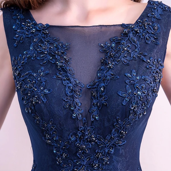 Chic / Belle Bleu Marine Robe De Soirée 2018 Princesse En Dentelle Fleur Perlage Cristal Paillettes Encolure Dégagée Dos Nu Sans Manches Train De Balayage Robe De Ceremonie