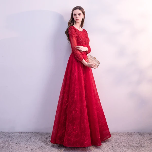 Chic / Belle Rouge Robe De Bal 2018 Princesse En Dentelle Fleur Perlage Cristal Paillettes Encolure Dégagée Dos Nu Manches Longues Longueur Cheville Robe De Ceremonie