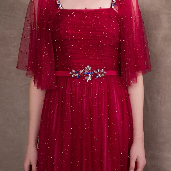 Luxury / Gorgeous Burgundy Prom Dresses 2018 A-Line / Princess Glitter Beading Crystal Sash Square Neckline Backless 1/2 Sleeves Floor-Length / Long Formal Dresses