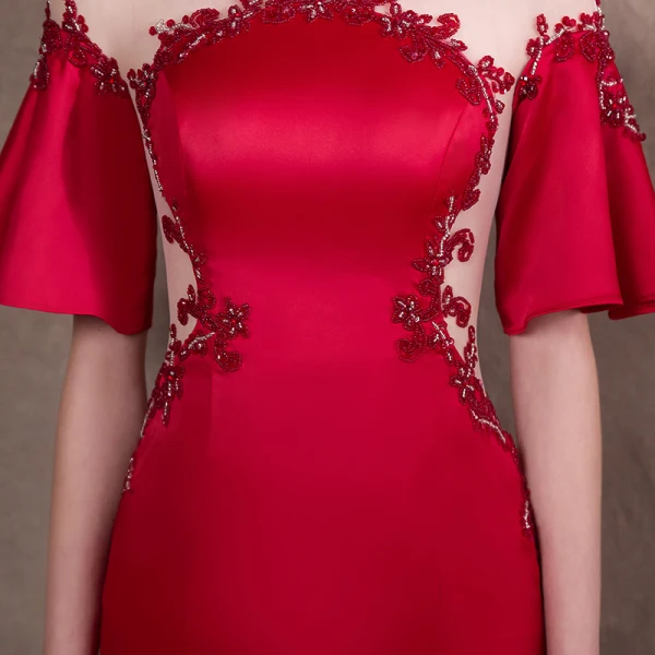 Elegant Red Evening Dresses  2018 Trumpet / Mermaid Beading Scoop Neck 1/2 Sleeves Sweep Train Formal Dresses