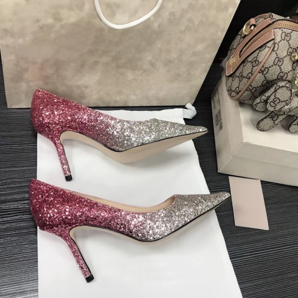 Glittrande Silver Purple Gradient-Färg Afton Pumps Läder 2021 Paljetter 8 cm Stilettklackar Spetsiga Pumps Högklackade