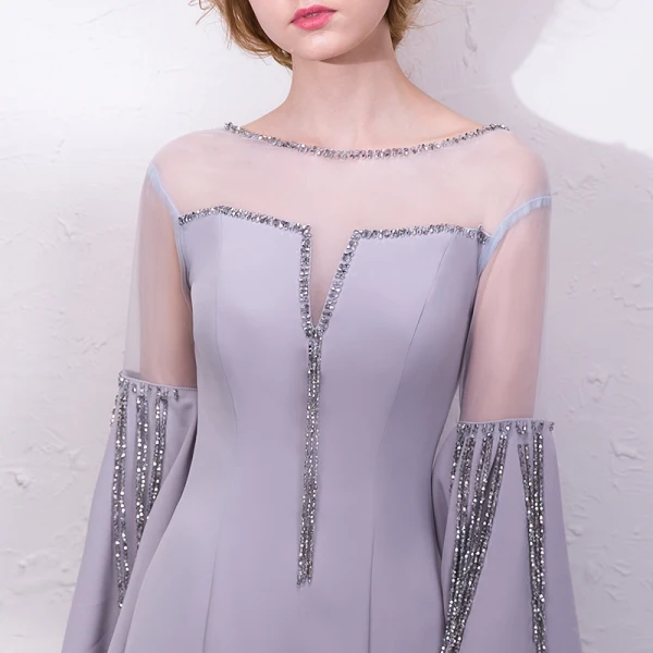 Amazing / Unique Grey Evening Dresses  2018 Trumpet / Mermaid Sequins Scoop Neck Long Sleeve Sweep Train Formal Dresses