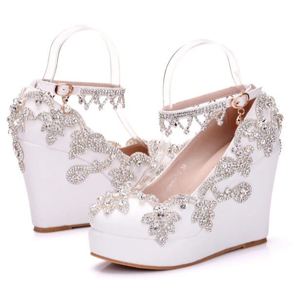 Mode Vita Casual Damskor 2018 Rhinestone Ankelband 10 cm Kilklackar Platåskor Pande Zote Toe