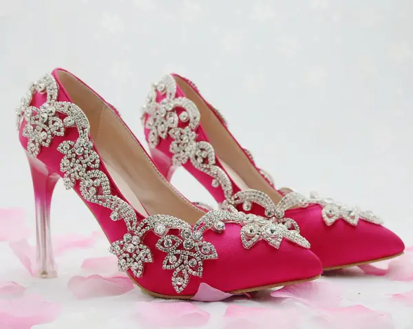Chic / Beautiful Fuchsia Evening Party Pumps 2018 Rhinestone 8 cm Stiletto Heels Pointed Toe Pumps