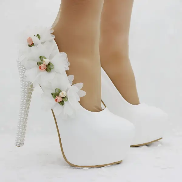 Modern / Fashion Ivory Evening Party Pumps 2018 Appliques 14 cm Pearl Stiletto Heels Round Toe Pumps