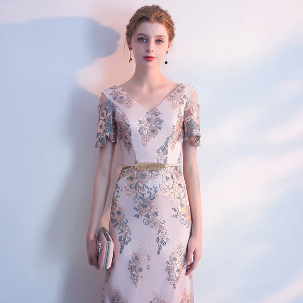 Chic / Beautiful Gold Evening Dresses  2018 Trumpet / Mermaid Sash Embroidered V-Neck Backless Short Sleeve Floor-Length / Long Formal Dresses