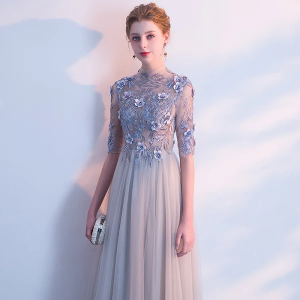 Elegant Evening Dresses 2018 Empire Lace Flower Appliques Pearl Scoop Neck Backless 1/2 Sleeves Floor-Length / Long Formal Dresses
