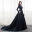 Chic / Belle Bleu Marine Robe De Soirée 2018 Princesse Perlage Paillettes Col Haut Manches Longues Chapel Train Robe De Ceremonie