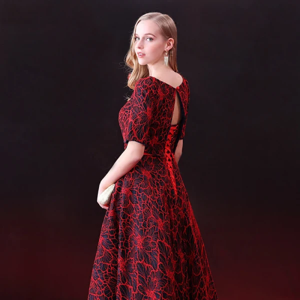 Chic / Belle 2 Pièces Robe De Soirée 2018 Princesse Ceinture Dentelle Encolure Dégagée Dos Nu Manches Courtes Longue Robe De Ceremonie