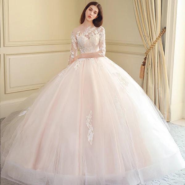 Moderne / Mode Robe De Mariée 2018 Robe Boule En Dentelle Appliques Brodé Paillettes Encolure Dégagée 3/4 Manches Royal Train Mariage
